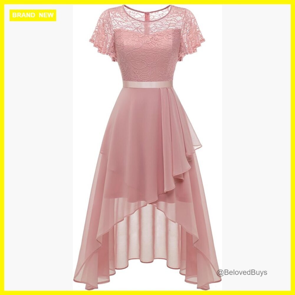 Lace Flutter Sleeve High Low Prom Dress Formal Wedding Guest A-Line